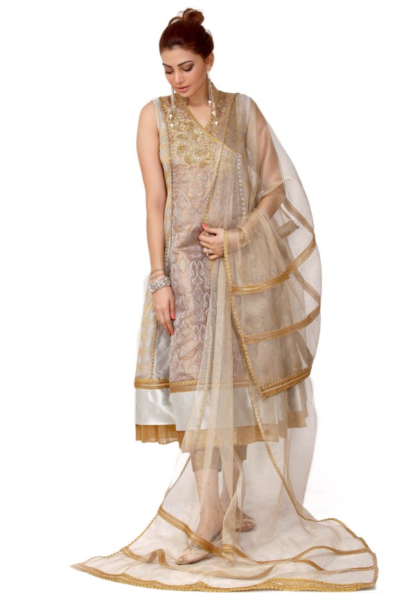 GOLD AND GREY 3PC SUIT JAMAWAR ORGANZA ANGHARKA