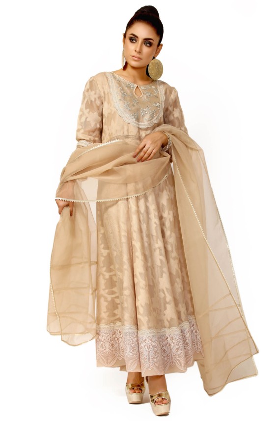 LIGHT BEIGE GOLD ORGANZA JACQUARD 2PC SUIT
