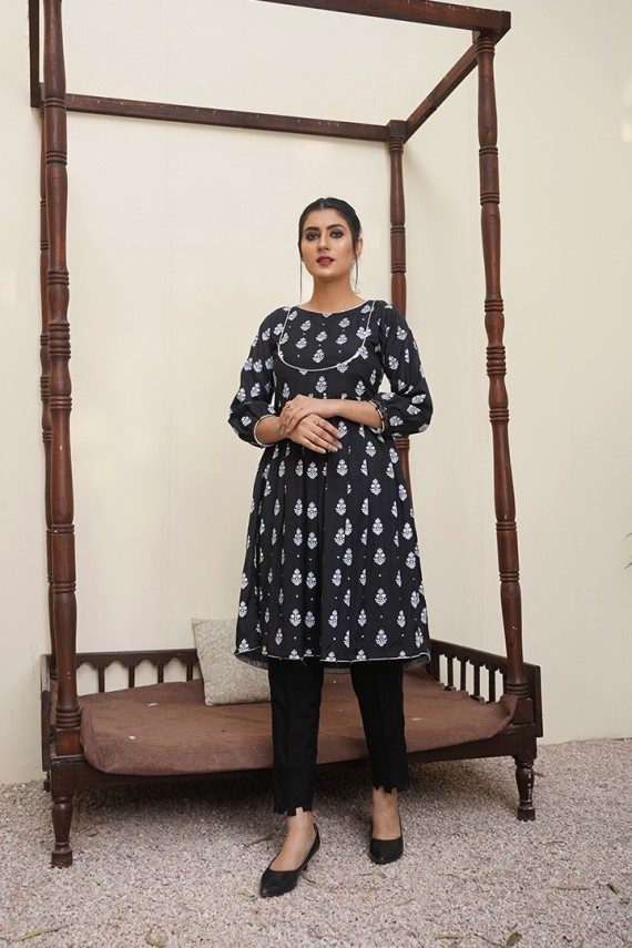 BLACK EMBOSS PRINTED KATAN SILK SHIRT WITH BEADS EMBELLISHMENTS
