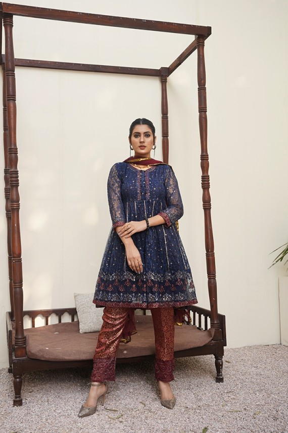 BLUE EMBROIDERED NET SHIRT