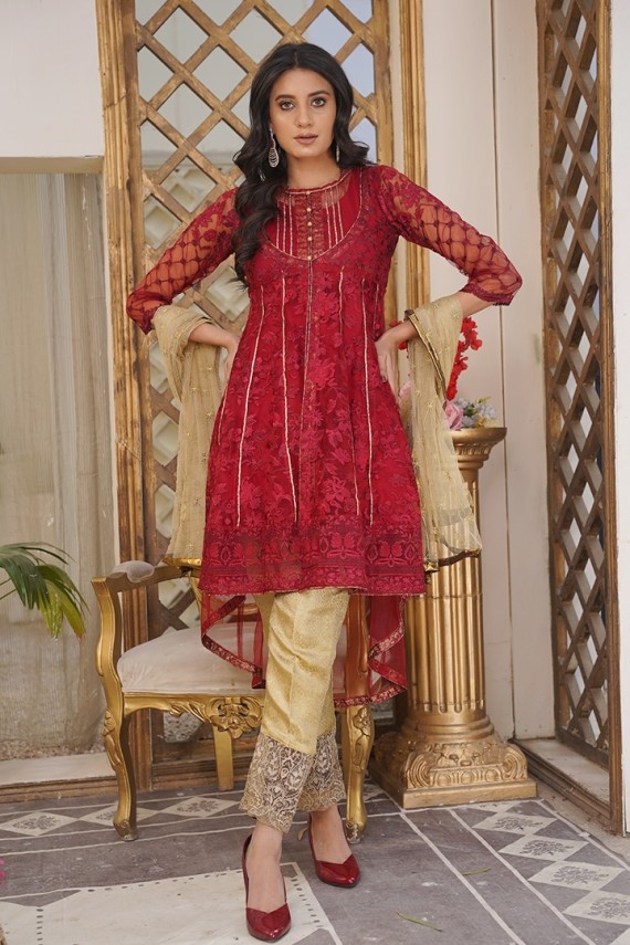 RED EMBROIDERED NET TAIL LONG SHIRT