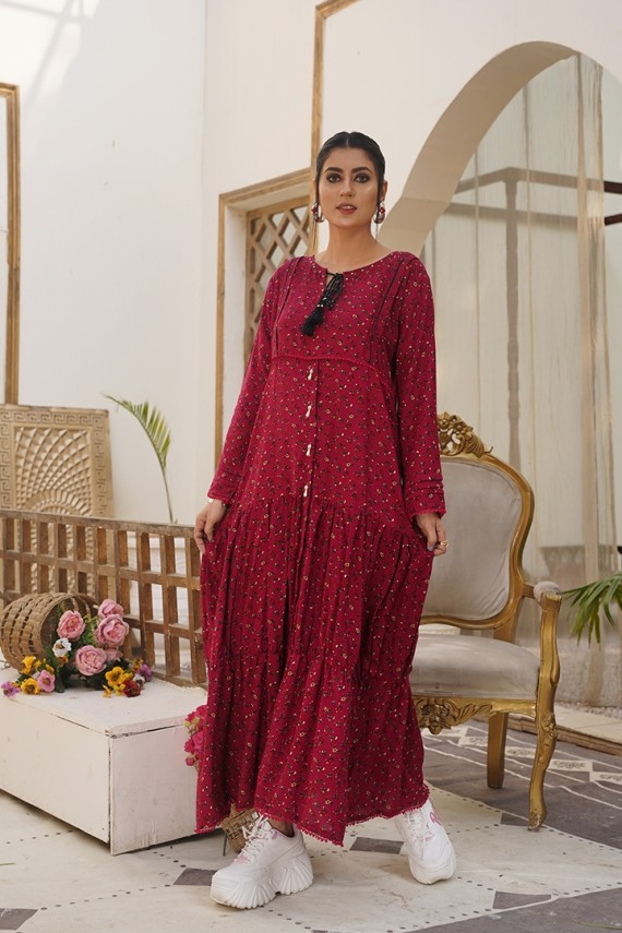 PRINTED MALAI LAWN LONG SHIRT WITH EMBROIDERED NECK AND SLEEVES & GPO LACE, STONE WORK