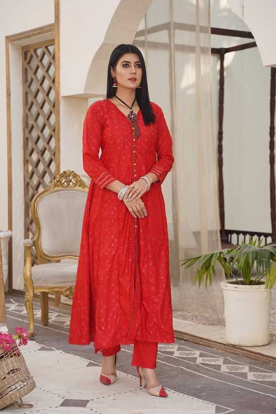 RED LAWN CHIKANKARI EMBROIDERED FROCK