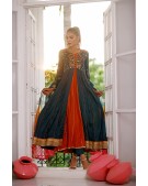 Front open frock with rust inner with 3 shaded dupatta