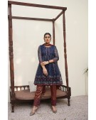 BLUE EMBROIDERED NET SHIRT